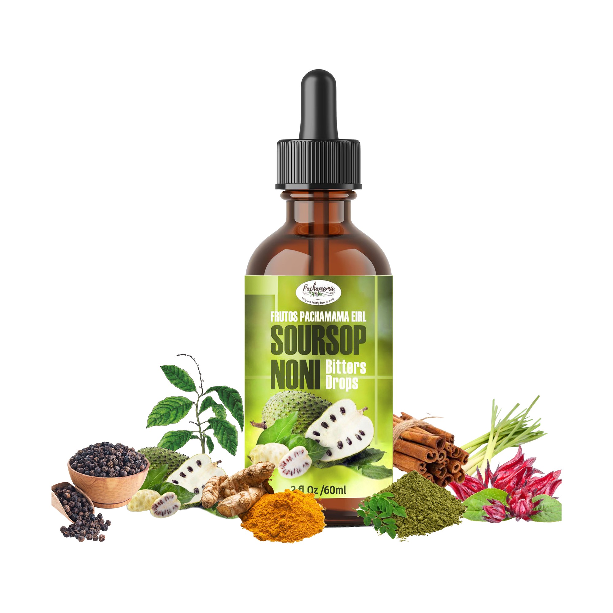 Frutos Pachamama Soursop & Noni Bitter Drops 2 oz amber dropper bottle