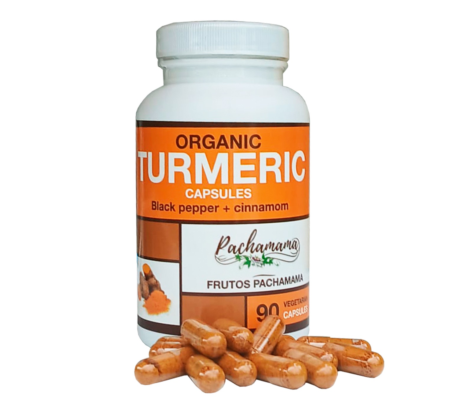Frutos Pachamama Turmeric Capsules 90 ct bottle with black pepper and cinnamon